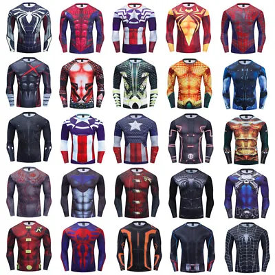 Men's Compression T-shirts Superhero 3D Printed Tee Long Sleeve Workout Gym Tops • $13.77