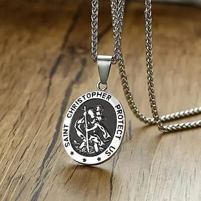 Mens St Saint Christopher Medal Pendant Necklace Stainless Steel Amulet 24 Chain • $13.29