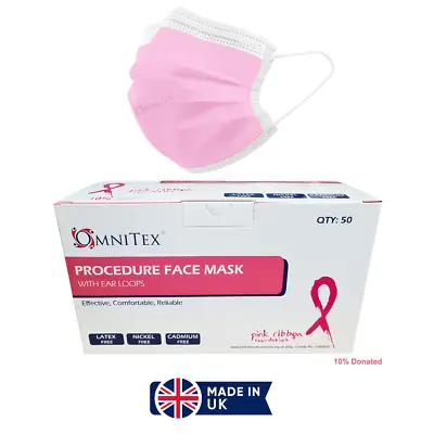 Omnitex Pink Type IIR Face Masks Medical Grade Ear Loops In Pack Of 50 - UK Made • £10.50