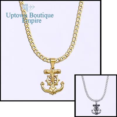 Men's Stainless Steel Gold Silver Plated Anchor Cross Pendant 6mm Cuban Necklace • $19.99