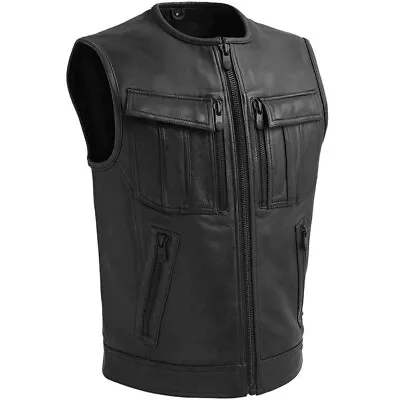 New Men's Leather Vest Biker Moto Style Club Rider Motorcycle Real Leather Vest • $144.99