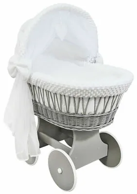 £159.99 • Buy GREY WICKER WHEELS CRIB/BABY MOSES BASKET + COMPLETE BEDDING White/Dimple
