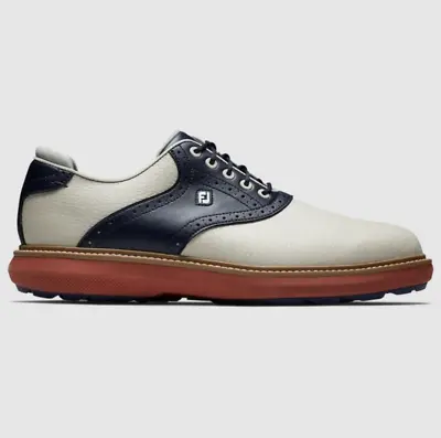 Footjoy Men’s Traditions Spikeless Golf Shoes Cream/Navy - 57925 • $99.95