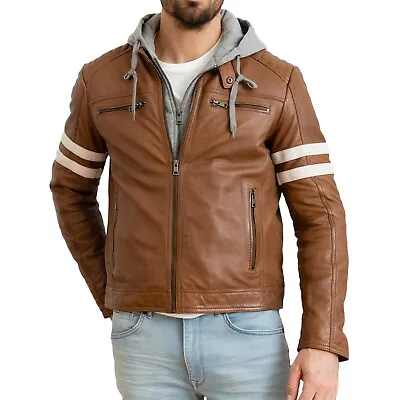 Men's Real Leather Jacket Motorcycle Distressed Biker Jacket With Removable Hood • $35