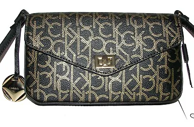 CALVIN KLEIN Monogram Black/Gold Leather Clutch Purse  Cross Body $128 NWT • $40