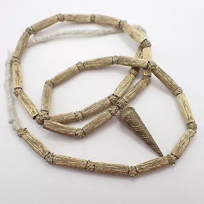 26  Strand Granulated Brass Cylinder Yoruba Nigeria Gold Wash African Trade Bead • $65