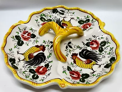 Vtg Ucagco Early Provincial Rooster & Rose 3-Part Relish W/Center Ceramic Handle • $18