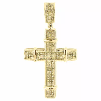 Yellow Diamond Cross Pendant Mens 10K Gold Round Pave Design Charm 0.35 Tcw. • $465