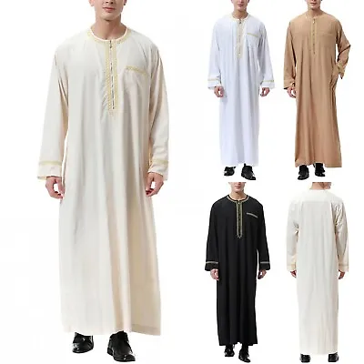 🎇 Men's Muslim Abaya Robe Thobe Dubai Saudi Jubba Kaftan Autumn Maxi Long Dress • £4.67