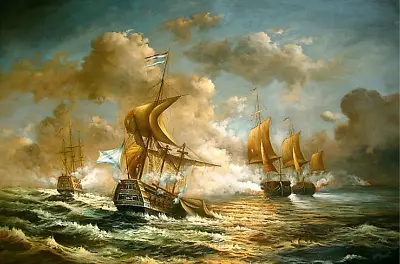  Oil Painting Seascape Warships Sail Boats - Naval Battle On Ocean Hand Painted • £65.80