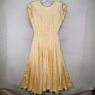 Vtg Sterling Silver Womens Dress Size 10 Yellow Satin Flowy Unique Fit N Flare • $59.95