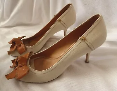 Miu Miu Women Size 38 Cream Canvas Leather Bow 3  Heels Pumps • $159.99