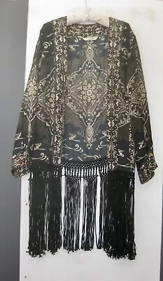 ODD MOLLY Crochet Fringe Kimono Jacket Sz 3 Black Paisley Print Long Sleeve • $95