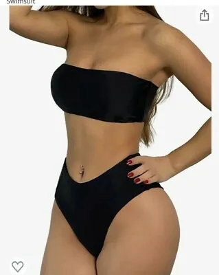 ZAFUL Womens Strapless Bandeau Solid Black 2 Pieces Bathing Suit Swimsuit XL New • $29.99