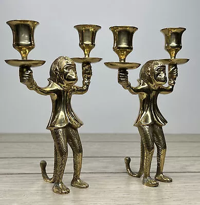 Pair Of 8” Heavy Gold Metal Butler Monkey Candlestick Candle Holders - Lot Of 2 • $79.97