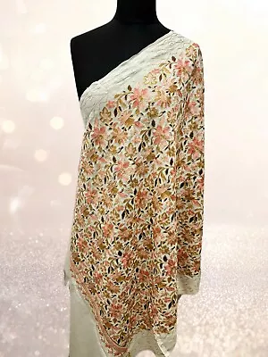 Luxurious Kashmiri Embroidery Shawl Scarf Wrap  Hijab Fine Wool Ivory/ White • £20
