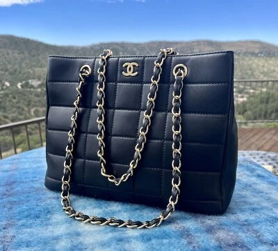 $1599 • Buy Vintage CHANEL BLACK LAMBSKIN Leather Chocolate Bar Shopping Tote Handbag Gold