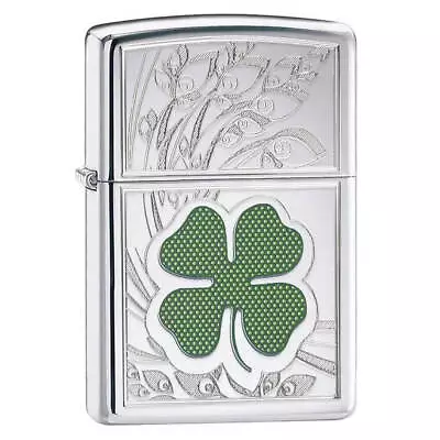 Zippo Refillable Windproof Lucky Four Leaf Clover High Polish Chrome Lighter • $102.95