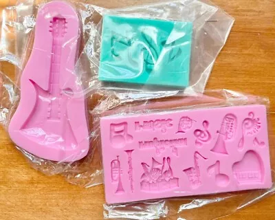 Lot Of 3 Guitar Musical Notes Instruments Fondant Molds Silicone Cake Decorating • $10