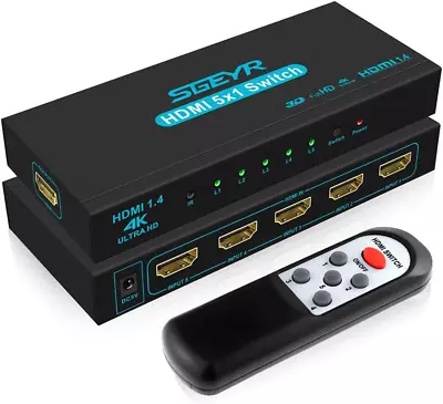 HDMI Switch 4K SGEYR HDMI Switch 5 In 1 Out HDMI Splitter Switcher 5 Ports HDMI • £30.36