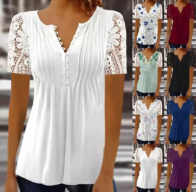 $25.99 • Buy Womens Lace V-Neck Tops T-Shirts Ladies Short Sleeve Casual Blouse Tee Plus Size