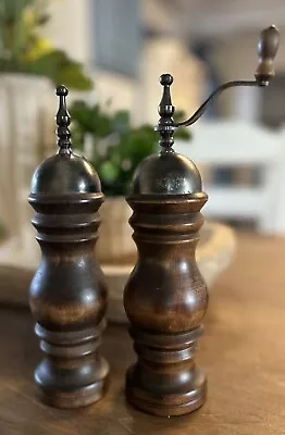 Vintage Wood Salt Shaker & Pepper Grinder Brushed Metal 9  Tall • $16.99