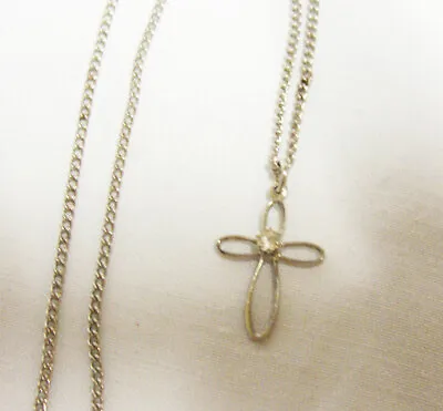 NECKLACE Vintage Silver Cross With Clear Rhinestone In Center 15  Chain  (A-3) • $12.95