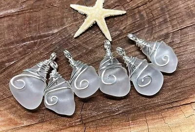 6 BEAUTIFUL Silver Wire Wrapped GENUINE Clear Frost SEA GLASS Necklace Pendants! • $17.49
