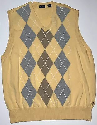 Izod Men’s XL Sweater Vest Yellow Gray Argyle V Neck Ribbed Hem 100% Cotton EUC • $15.99