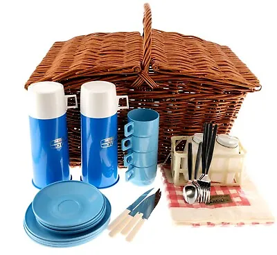 Sirram Thermos CP Vintage Picnic Wicker Basket Set - Blue Service For 4 Used VG • $150