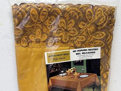 NOS Vintage Montgomery Ward 52  X 52  Table Cloth Marigold Mustard Lace Trim • $40.37