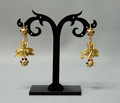 19c. Georgian Dangle Drop Earrings Rose Cut Diamonds Gild Silver 14K Frida Kahlo • $400.20