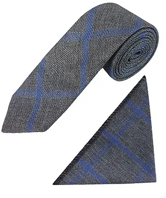 Boys Slim Tweed Plaid Check Tie Pocket Square Hanky Wedding Smart Casual Set • £5.99