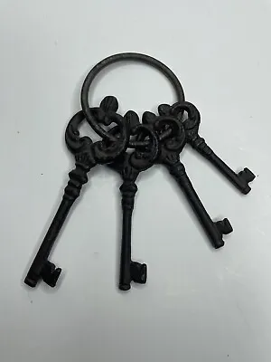 Cast Iron Jailer's Church Skeleton Keys On Ring Victorian Antique Style Set Of 4 • $19.90