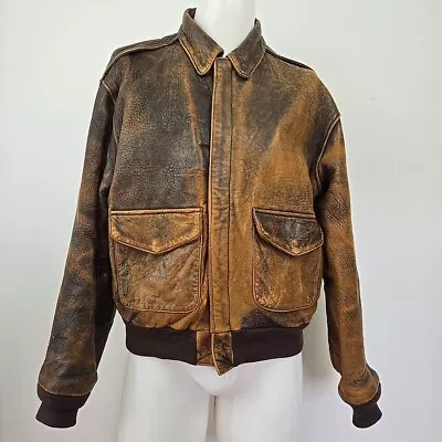 Vintage 80s Avirex Brown A-2 Bomber Old Leather Flight Jacket Men's S Distressed • $99.97
