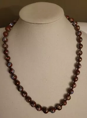 Vintage Chinese Brick Red Cloisonne Enamel Knotted Floral Bead Necklace 24” • $80