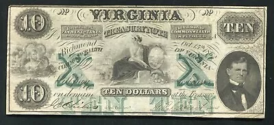 1862 $10 Virginia Treasury Note Richmond Va Obsolete Currency Note  • $99.95