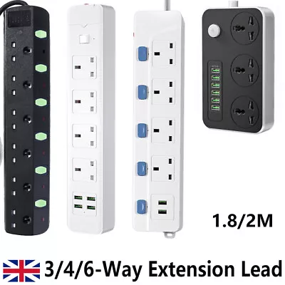 3/4/6 Way Gang Surge Protected Extension Lead 2M Cable Mains Power Plug Sockets • £14.99