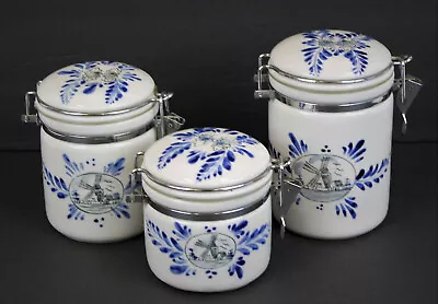 Vintage Blue White Canister Set Of 3 Jars Kitchen Containers Windmill Clamp Lid • $22