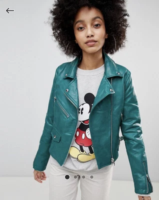 $18 • Buy Bershka | Green Leather Look Biker Jacket | Size M | Pre- Loved