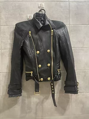 BALMAIN X H&M COLLECTION BIKER SEXY LEATHER BLACK JACKET SIZE EUR32 US2 • $349