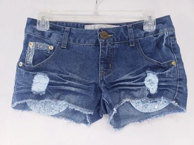 $8.99 • Buy Juniors Freestyle Revolution  Shorts SZ 5 Blue Destroyed Sequin Tulle Detail