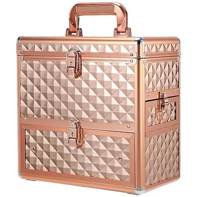 Makeup Train Case - Professional Lockable Cosmetic Box W/Drawer Mirror ROSE GOLD • $61.25