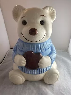 VTG White Teddy Bear Cookie Jar Blue Sweater • $22