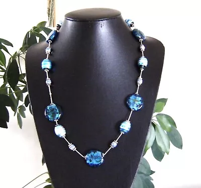 Delightful  Long Shades Of Blue Bead - Silver Tone Necklace • £1.25