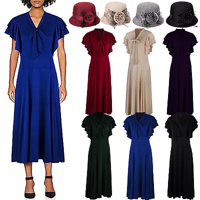 1920s Women's V Neck Long Bias Cut With Flutter Sleeves Bowknot Flapper Dresses • £9.58