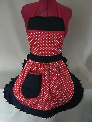 RETRO VINTAGE 50s STYLE FULL APRON / PINNY - RED & WHITE With BLACK TRIM • £25.99