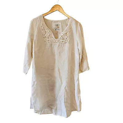 Malvin Linen Crochet Detail Three Quarter Sleeves Tunic Dress Size L Large White • $24.49