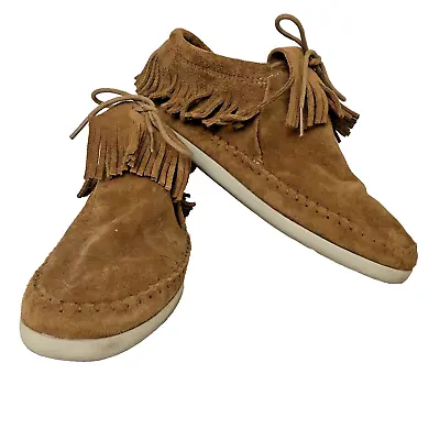 Minnetonka Womens 9M Moccasins Fringe Brown Suede Ankle Boots Comfy Country • £28.94