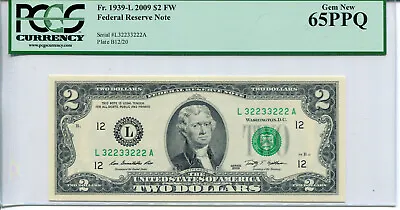 $75 • Buy 2009 $2 Federal Reserve Note PCGS 65PPQ 2/3 Binary Serial #L32233222A